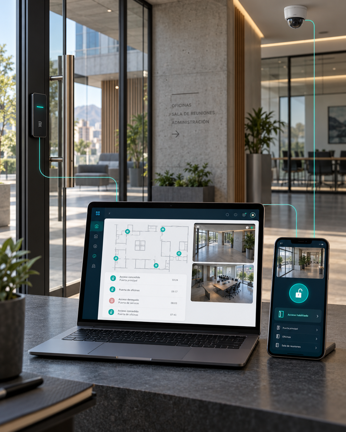 Concepto de una oficina con control de acceso y cámaras conectados a una app y una plataforma web